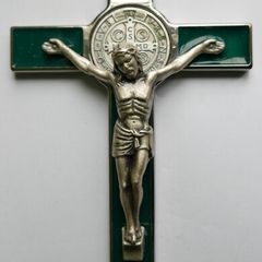 Vintage Religious Large metal and green enamel Cross Christus Corpus Crucifix INRI - 8"