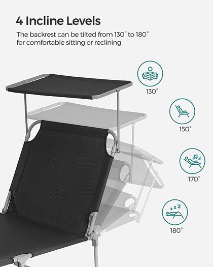 Sun Lounger, Deck Chair Folding, Sunbed, 193 x 53 x 29 cm, Max. Load 150 kg, with Sunshade Headrest Adjustable Backrest, Reclining Sun Chair for Terrace Pool Garden, Black (FREE POSTAGE)
