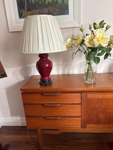 Please Check Photos- Mid Century Oxblood glazed Ginger Jar Table Lamps (2)  with off white pleated empire shade