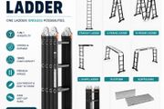 7-in-1 Multi-Purpose Folding Ladder 4.65m Heavy Duty Aluminium Extension Ladder with Scaffolding Platform 150kg