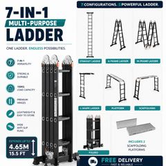 7-in-1 Multi-Purpose Folding Ladder 4.65m Heavy Duty Aluminium Extension Ladder with Scaffolding Platform 150kg