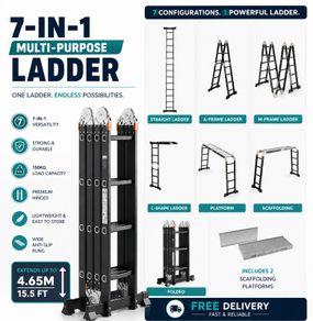 7-in-1 Multi-Purpose Folding Ladder 4.65m Heavy Duty Aluminium Extension Ladder with Scaffolding Platform 150kg