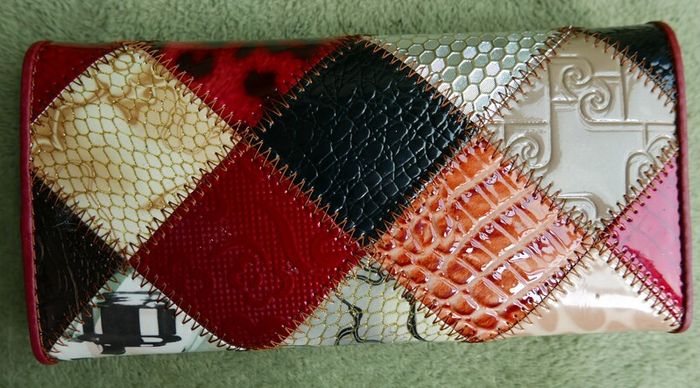 Vintage TEMANLI PATCHWORK WALLET - Ladies Genuine Leather Tri-Fold Wallet - Multi-Color Patchwork - By Temanli