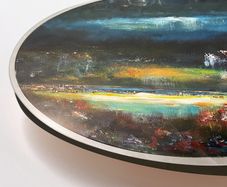 Original painting on a lazy Susan of City Lights on Dublin Bay by artist Helen Mathews