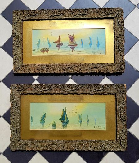 Antique pair of ornate handcarved frames with signed yacht scene watercolours