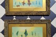 Antique pair of ornate handcarved frames with signed yacht scene watercolours