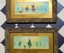 Antique pair of ornate handcarved frames with signed yacht scene watercolours