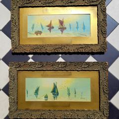 Antique pair of ornate handcarved frames with signed yacht scene watercolours