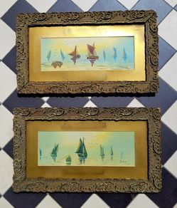Antique pair of ornate handcarved frames with signed yacht scene watercolours