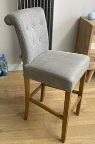 Grey upholstered Bar Stools with Oak Legs (x3)