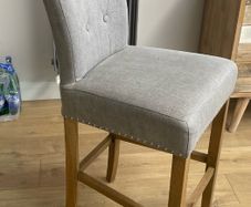 Grey upholstered Bar Stools with Oak Legs (x3)