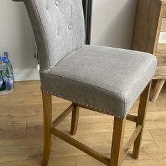 Grey upholstered Bar Stools with Oak Legs (x3)