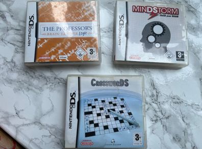 3 x Nintendo DS Games, Crosswords, Mindstorm (Brain Training), The Professors (Brain Trainer, Logic)