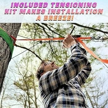 Zip Line Kits for Garden, 38m Zip Wire Kit For Kids and Adults, With Stainless Steel Spring Brake, Tensioning Kit, Safety Harness, Tree Protectors (38m blue)