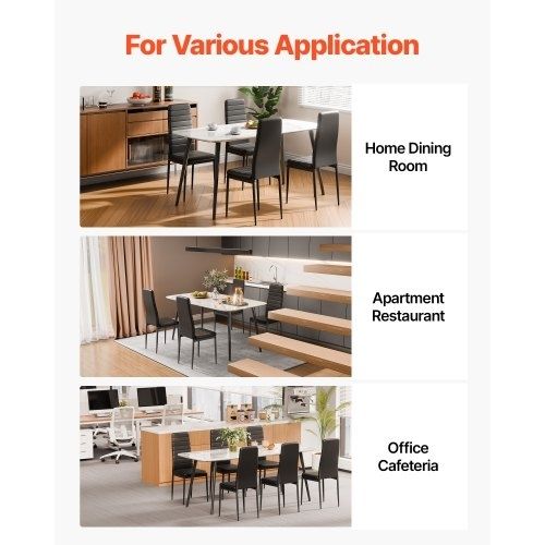 Modern Dining Room Accent Chairs Set of 6, Upholstered Leather Side Chair for Dining Tables, Space-Saving Kitchen Table Chair with Thick Cushions and Metal Legs, Black
