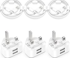 6-Pack 6ft Cable and Plug for iPhone 11 X XS XR 8 7 SE 6 6S 5 5S 5C 12 13 14 Pro Max Mini, iPad, AirPods, Dual USB MFi Certified UK Wall Charging Adaptor Long Lead Cord (FREE POSTAGE)