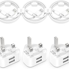 6-Pack 6ft Cable and Plug for iPhone 11 X XS XR 8 7 SE 6 6S 5 5S 5C 12 13 14 Pro Max Mini, iPad, AirPods, Dual USB MFi Certified UK Wall Charging Adaptor Long Lead Cord (FREE POSTAGE)
