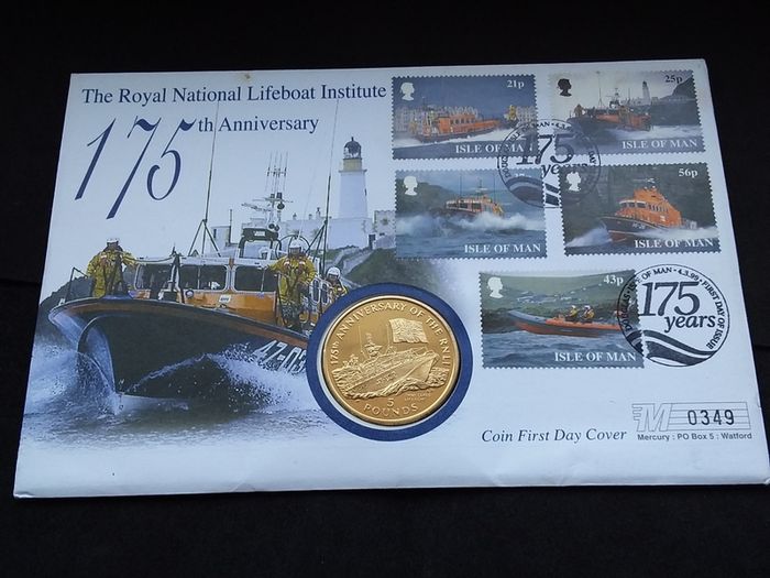 1999 Isle of Man RNLI 175th Anniversary 5 Pound Coin First Day Cover - Low Serial 0349, ( Limited Edition of 5,000 )