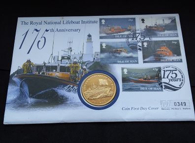 1999 Isle of Man RNLI 175th Anniversary 5 Pound Coin First Day Cover - Low Serial 0349, ( Limited Edition of 5,000 )
