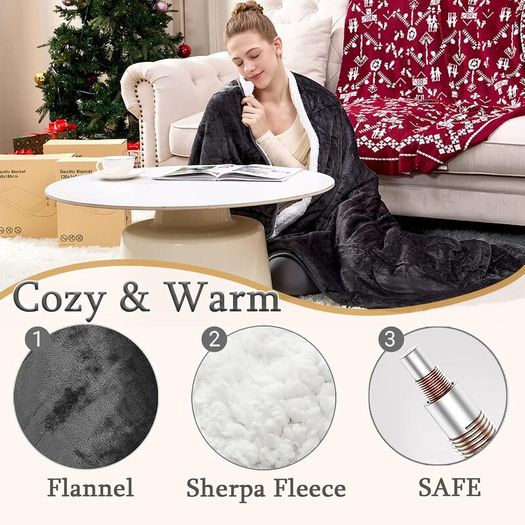 Electric Heated Blanket Throw,Electric Throw with 4 Heat Settings & 4 Hours Auto-Off Timer, LCD Display,Grey Heating Blanket Flannel Sherpa for Sofa and Bed
