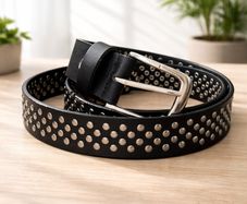 Unisex Black Studded Leather Belt Punk Rock Gothic Belt with Silver Rivets