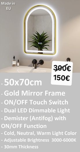 LED Bathroom Mirror Antifog Demister Gold