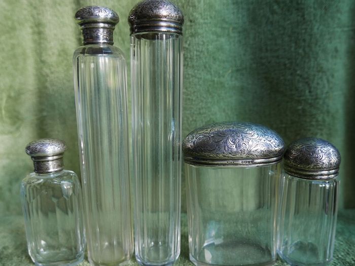 Antique Edwardian 1800s Set 5 Sterling Silver Cut Glass Vanity Pin Bottles Jars