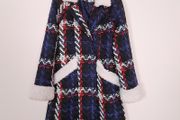Savida Navy Blue Red Tweed Plaid Coat White Sherpa Trim 8UK/36EU