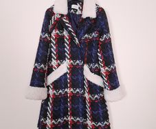 Savida Navy Blue Red Tweed Plaid Coat White Sherpa Trim 8UK/36EU