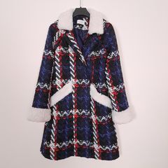 Savida Navy Blue Red Tweed Plaid Coat White Sherpa Trim 8UK/36EU