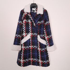 Savida Navy Blue Red Tweed Plaid Coat White Sherpa Trim 8UK/36EU