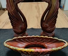 Redware 3 pc Matching Set 2 Swans Figurines 1 Planter Bowl Marked Japan Colorful