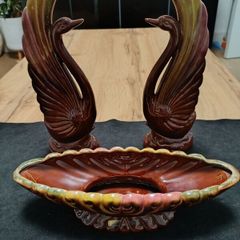 Redware 3 pc Matching Set 2 Swans Figurines 1 Planter Bowl Marked Japan Colorful