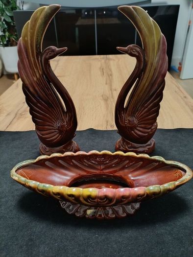 Redware 3 pc Matching Set 2 Swans Figurines 1 Planter Bowl Marked Japan Colorful