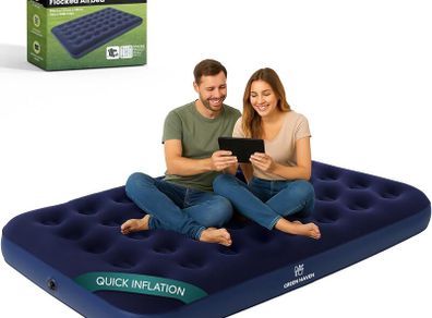 Double Blow Up Airbed Inflatable Waterproof Mattress for 2  Comfortable Flocked Air Bed for Camping, Festivals & Guests Lightweight & Easy to Store