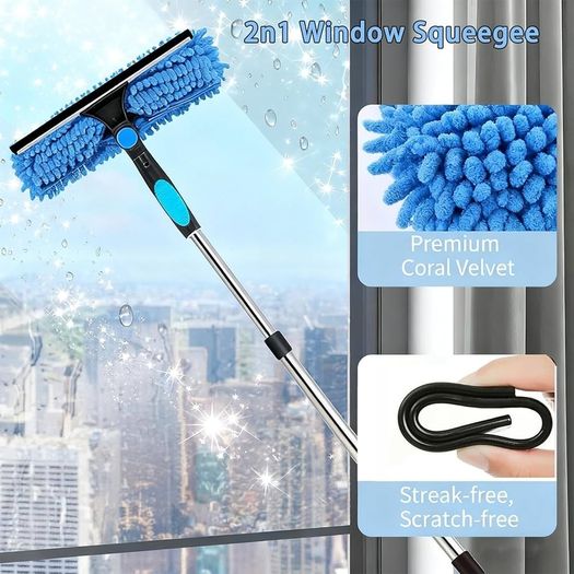 Window Cleaning Equipment with Extension Pole 70in 180 Rotatable Squeegee & Microfiber Scrubber,176cm Professional Window Cleaning Kit for High Windows, Shower Glass, Car and Mirror