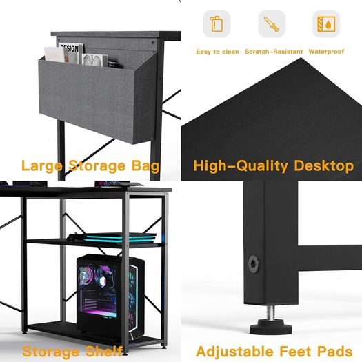 L Shaped Gaming Desk 100x70 cm Computer with Storage Bag Office Small Writing Table Large Reversible Shelves Workstation for Study Play Work Home Black