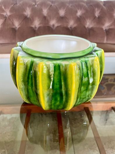 Vintage Whimsical Green Yellow Melon Bowl Flower Pot Holder Olfaire Portugal
