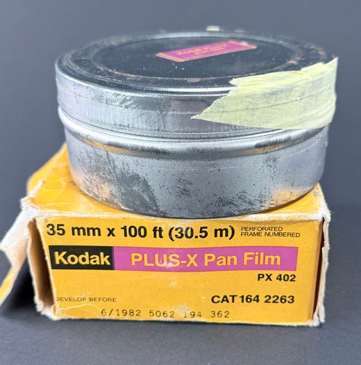 Kodak Plus-X Pan Panchromatic 100ft 35mm film and developing tank