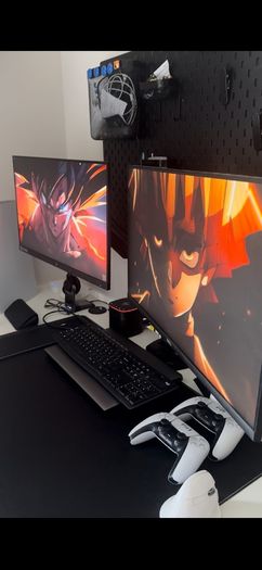 Complete desktop setup- 2 desktops, arm that holds 2 desktops and accessories.
