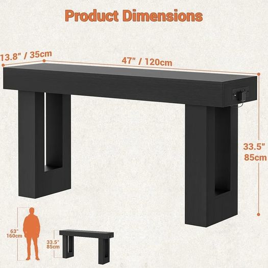 Console Table with Outlets & Motion Sensor LED, 120cm Narrow Behind Couch Sofa Table with USB Ports, Modern Hallway Entryway Table with Storage Space for Entrance Hall, Living Room, Black