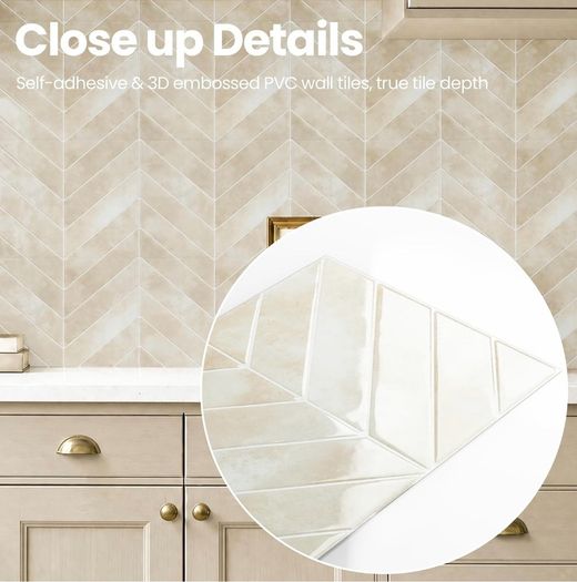 3D Stick on Tiles, Peel and Stick Wall Tiles, Self Adhesive Wall Tiles Waterproof Stick on Tiles Kitchen, Herringbone Sticky Tiles for Bathroom 10 Sheets/Pack (23x29cm) Beige
