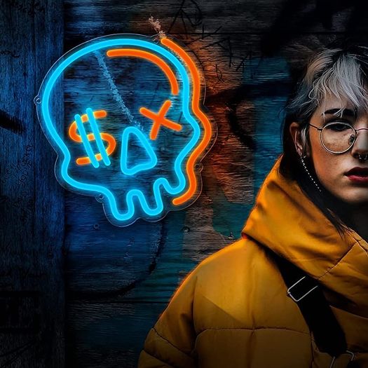 Dimmable Skull Neon Sign, Skull Neon Light Acrylic Plate Powered by USB with Switch, 28x25cm Skeleton LED Blue Wall Signs Art for Kid Bedroom Teen Boys Living Room Bar Party Decoration (FREE POSTAGE)
