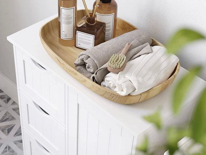 Bathroom Floor Storage Cabinet, Wooden Storage Unit with 4 Drawers, Single Door, Adjustable Shelf, for Living Room, Kitchen, Entryway, White (FREE POSTAGE)