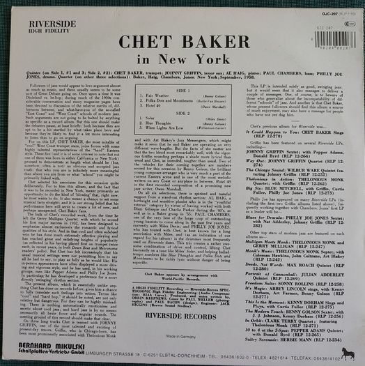 Chet Baker - In New York Vinyl LP (1958) 1985 Reissue Jazz Hard Bop EX+