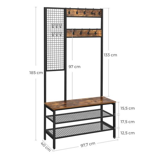 New XXL Metal Hall Tree Coat Rack with Shoe Bench + Grid Wall - FREE P&P
