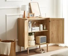Cabinet, Rattan Storage Cabinet with 2 Magnetic Doors and Adjustable Shelves, Sideboard Buffet Cabinet for Hallway, Entryway, Living Room, or Kitchen, Natural