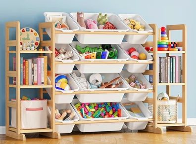 Toy Storage Organizer with 6 Shelves and 12 Bins, Bookshelf/Bookcase, Kids Bin Shelf, Toys Box for Playroom Organization for Bedroom & Room Decor, White, 52.3" W
