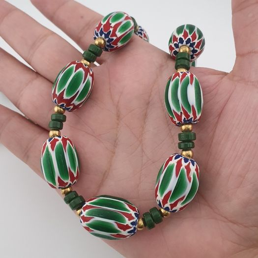 Antique Venetian Style Green Chevron Glass Beads Necklace