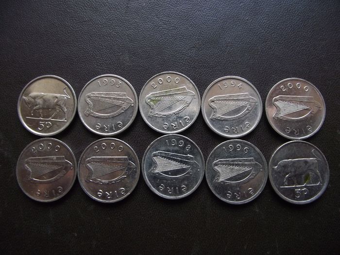 10 Irish 5 pence coins (1993-2000). Nice Condition!